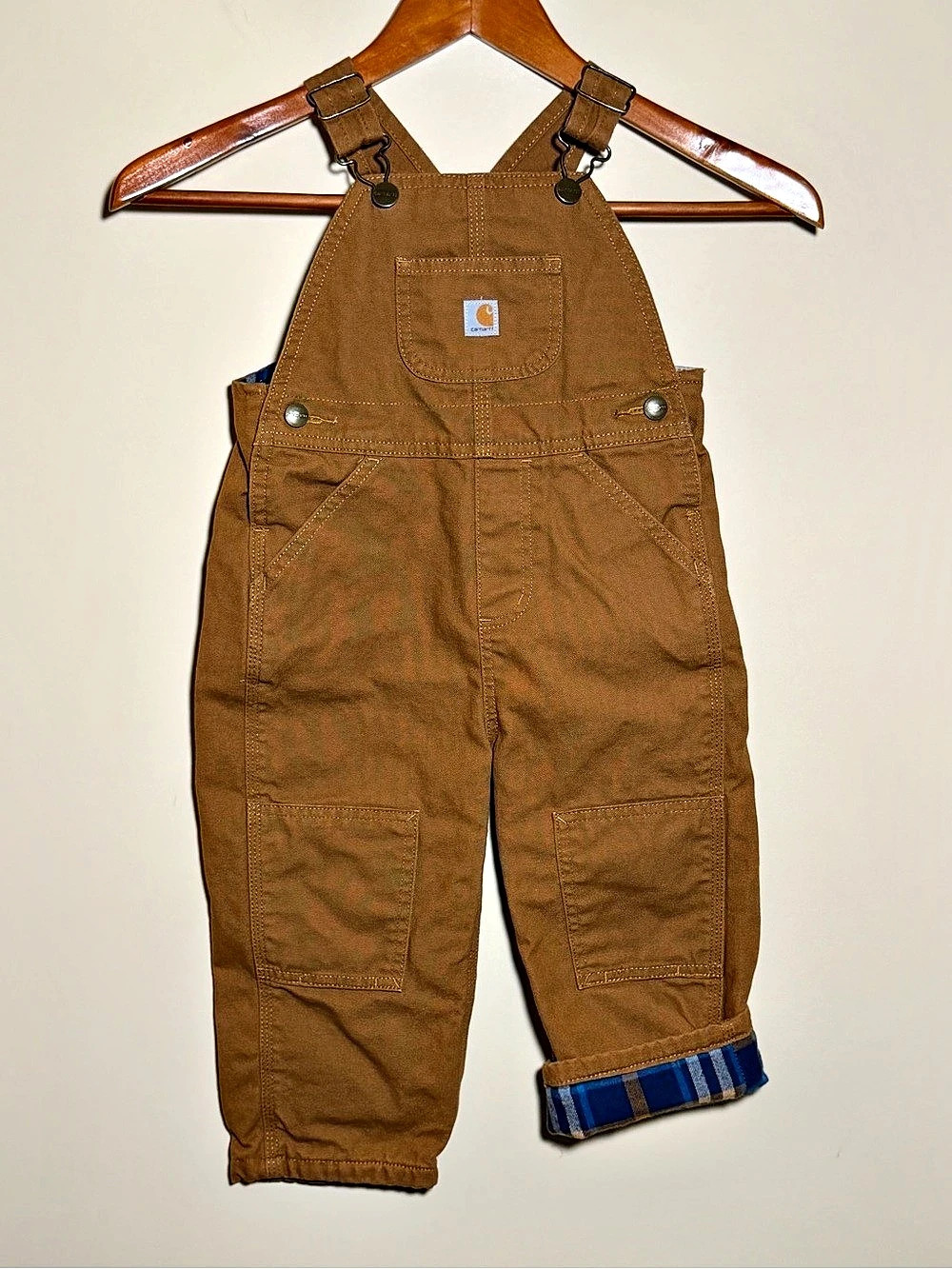 Carhartt Toddler Bib Overalls 2T Brown Duck Canvas Plaid Lined Double Knee